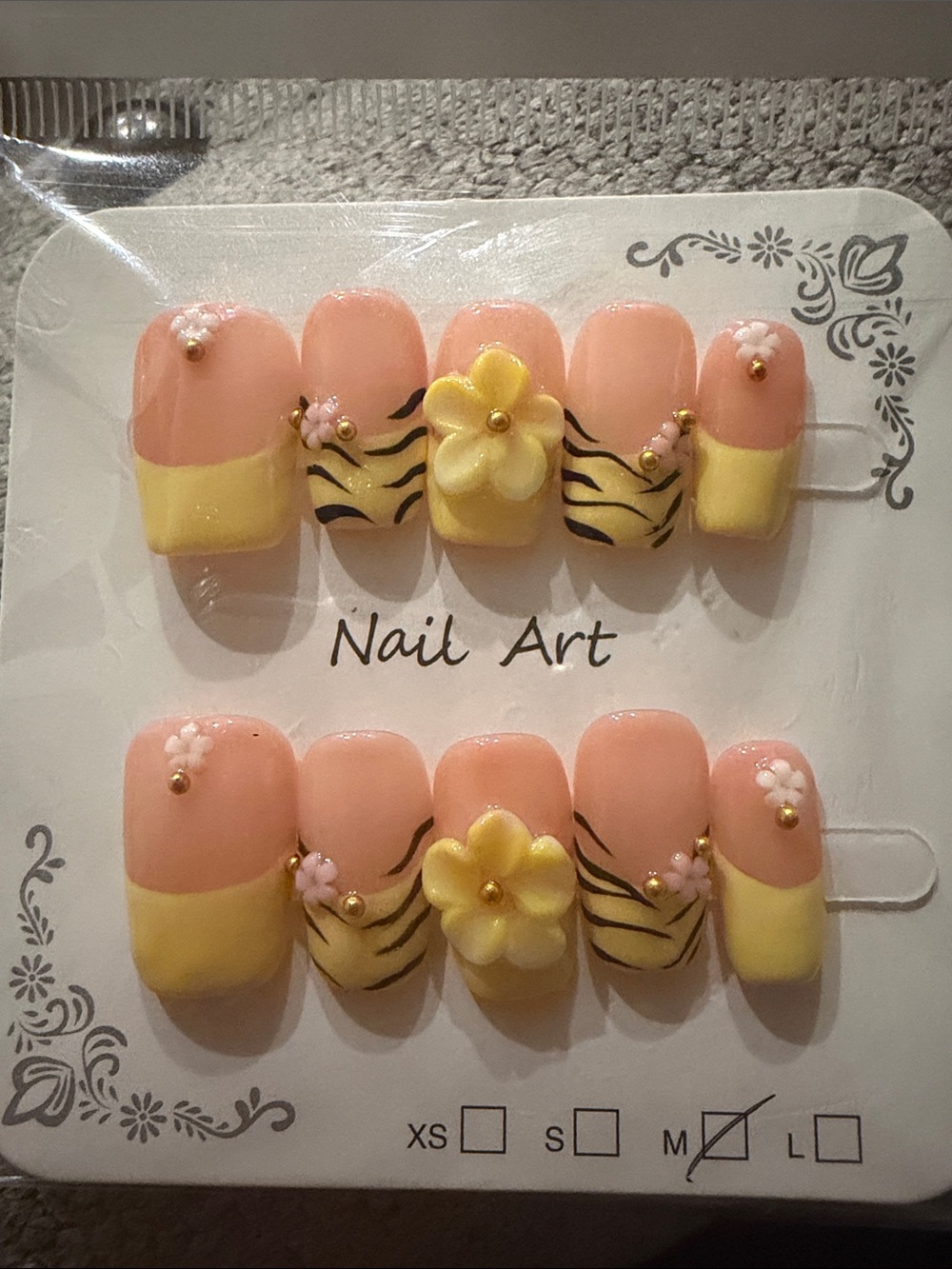 Yellow Floral Zebra handmade acrylic Press-On Nails